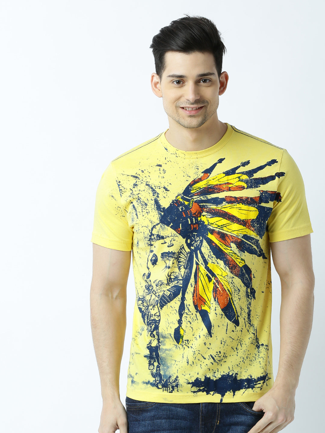 Huetrap Mens Printed Yellow Short Sleeve Round Neck T-Shirt – HUETRAP