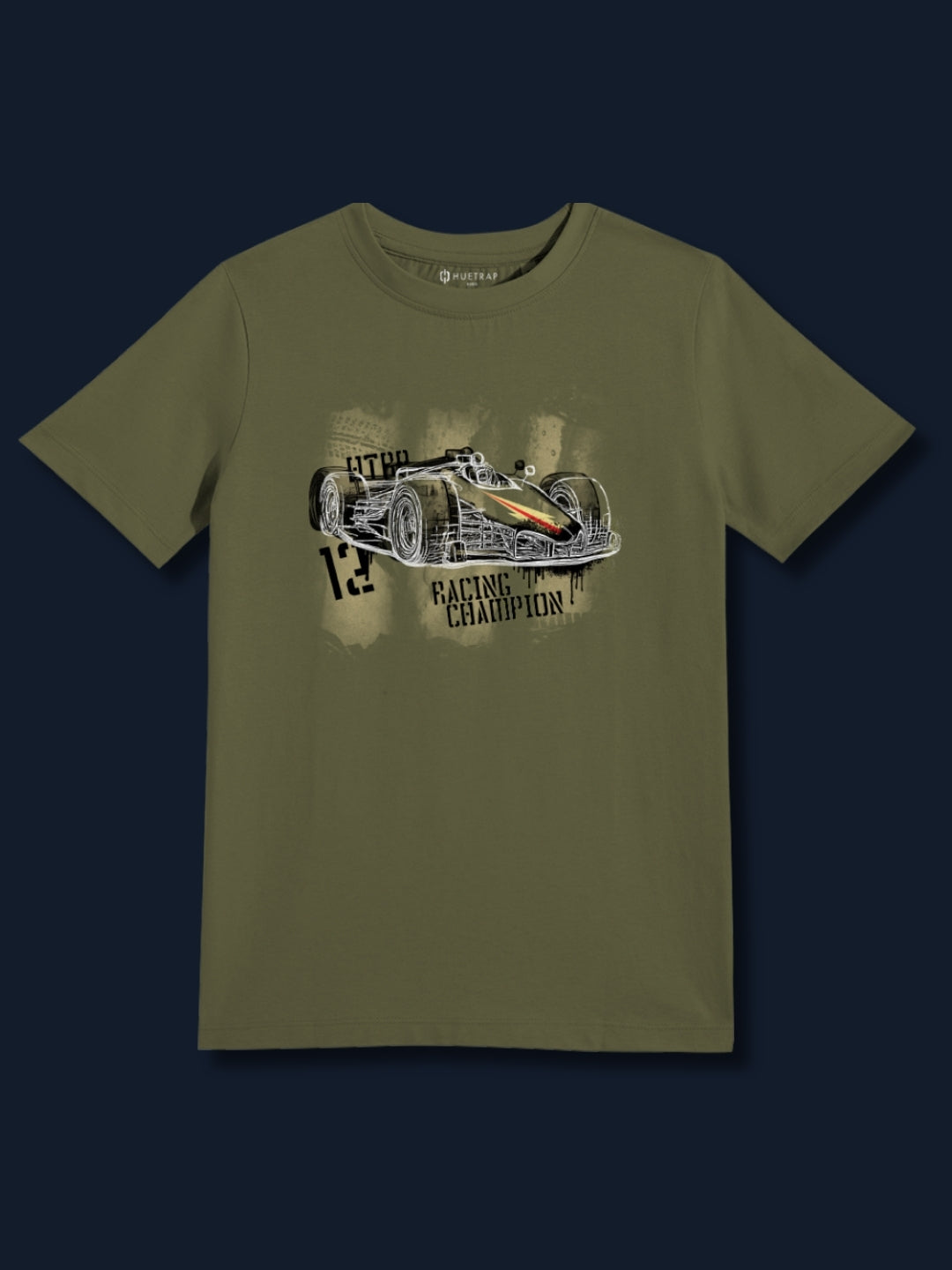 Boys Racing Champion Graphic Printed Round Neck Olive T-Shirt