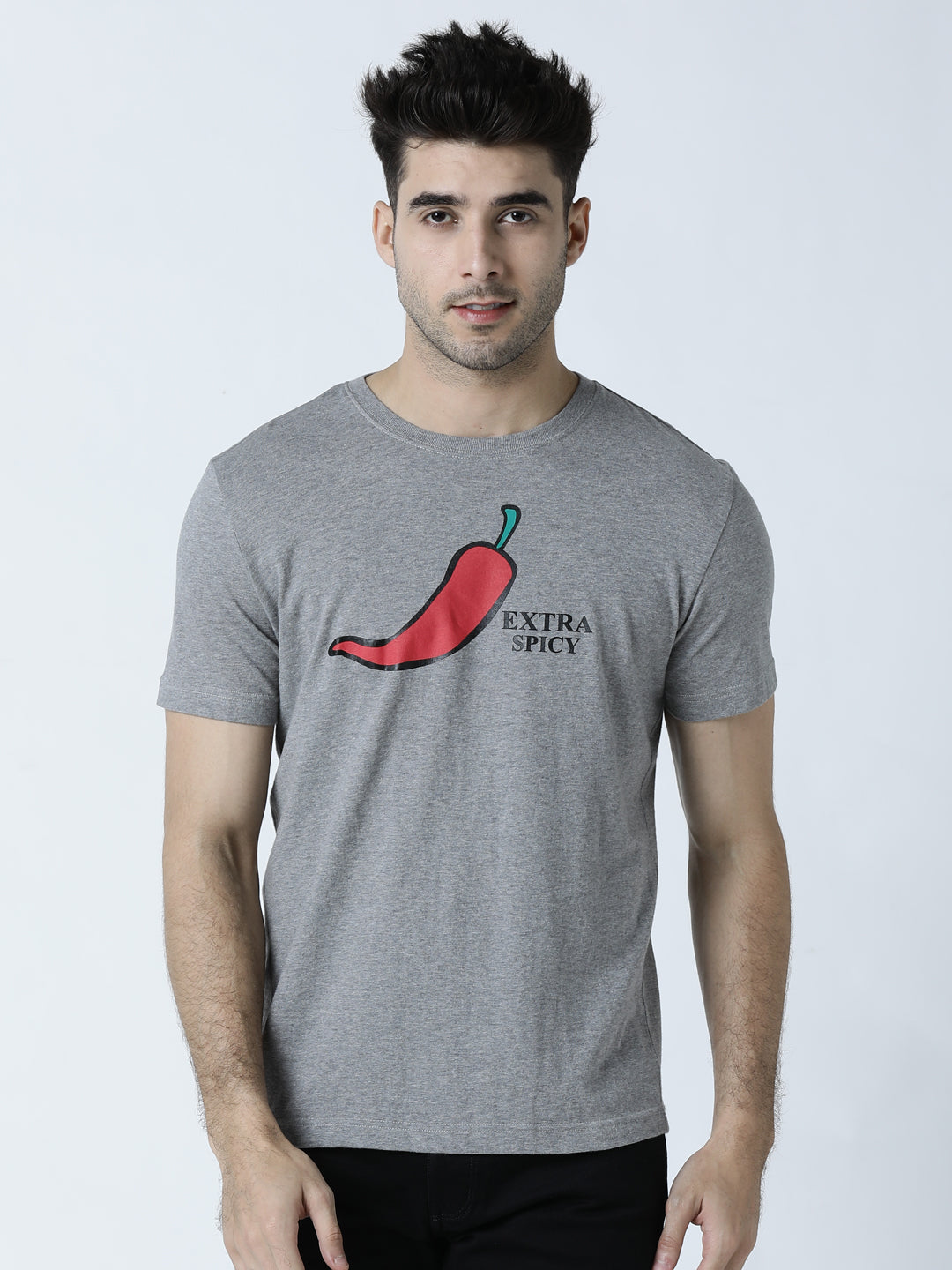 Huetrap Mens Printed Frost Grey Melange Short Sleeve Round Neck T Shirt